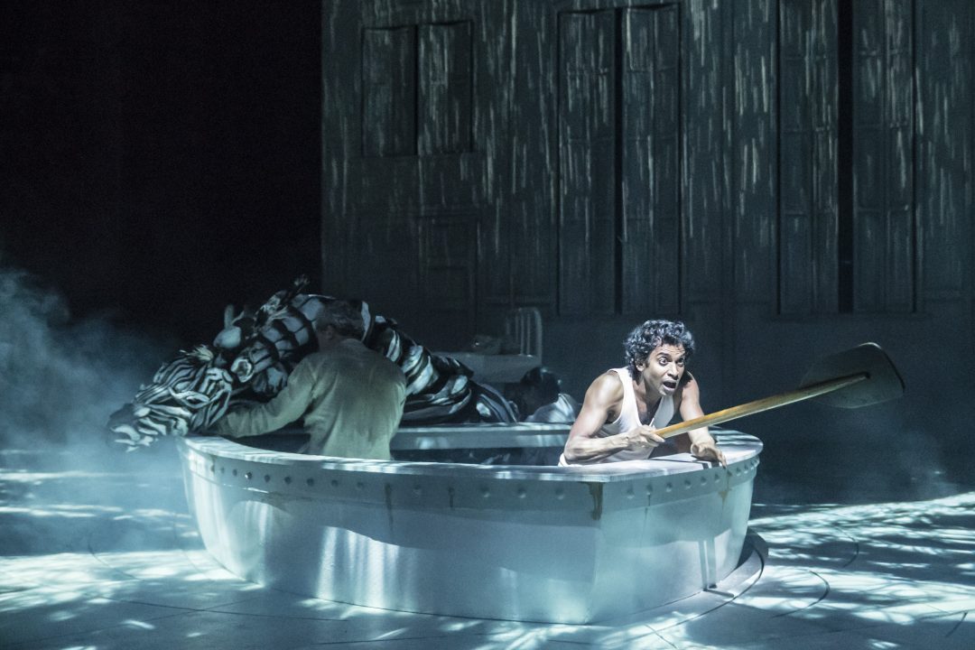 LIFE OF PI by Martel ;

Written by Yann Martel ;
Adapted by Lolita Chakrabarti ;
Directed by Max Webster ;
Designed by Tim Hatley ;
Lighting by Tim Lutkin ;
At Sheffield Theatres, UK ;
June 27 2019 ;
Credit: Johan Persson