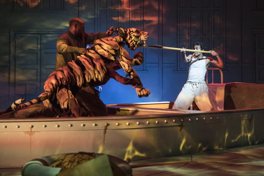 LIFE OF PI by Martel ;

Written by Yann Martel ;
Adapted by Lolita Chakrabarti ;
Directed by Max Webster ;
Designed by Tim Hatley ;
Lighting by Tim Lutkin ;
At Sheffield Theatres, UK ;
June 27 2019 ;
Credit: Johan Persson